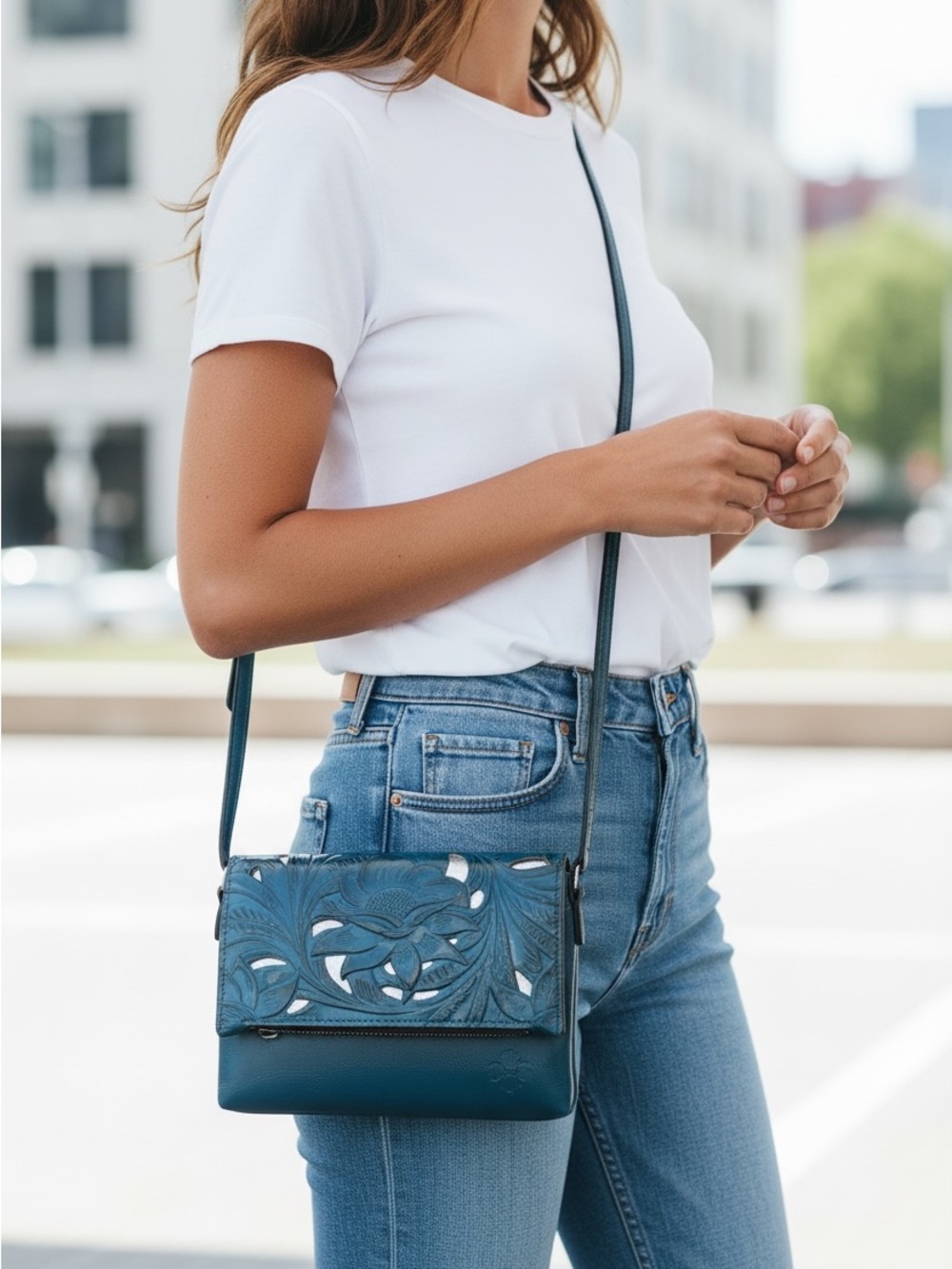Patricia Nash Teal Floral Tooled Leather Crossbody Bag, missing zipper pull. - Picture 10 of 11